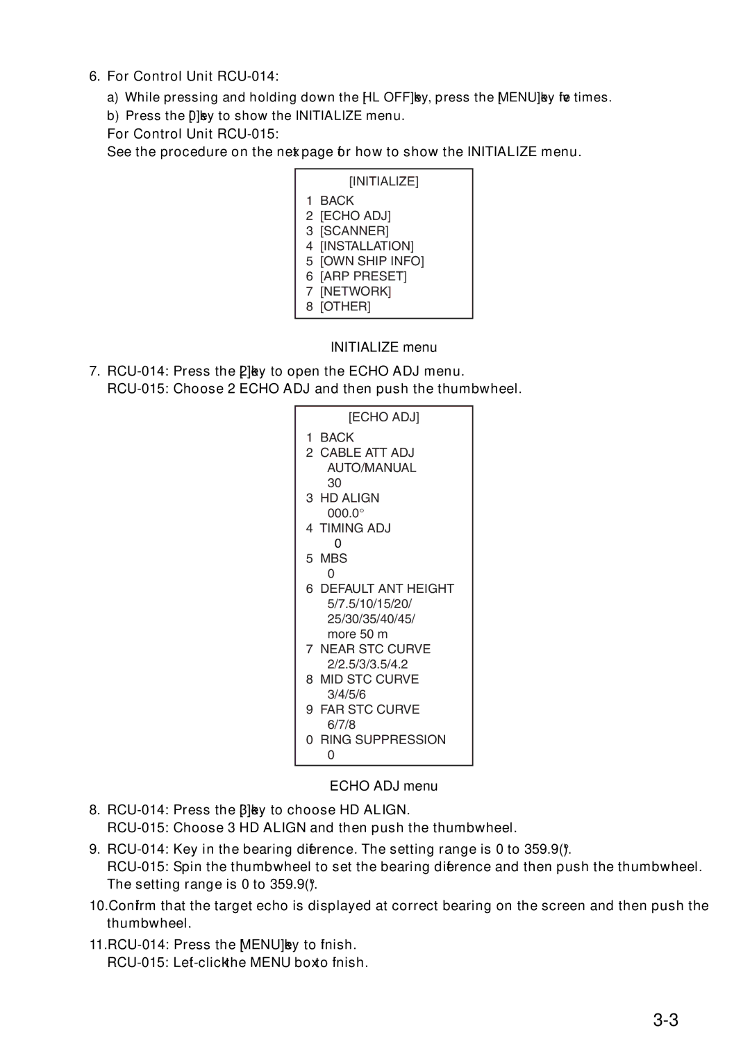 Furuno FAR-2157 installation manual For Control Unit RCU-014, For Control Unit RCU-015, Initialize menu, Echo ADJ menu 