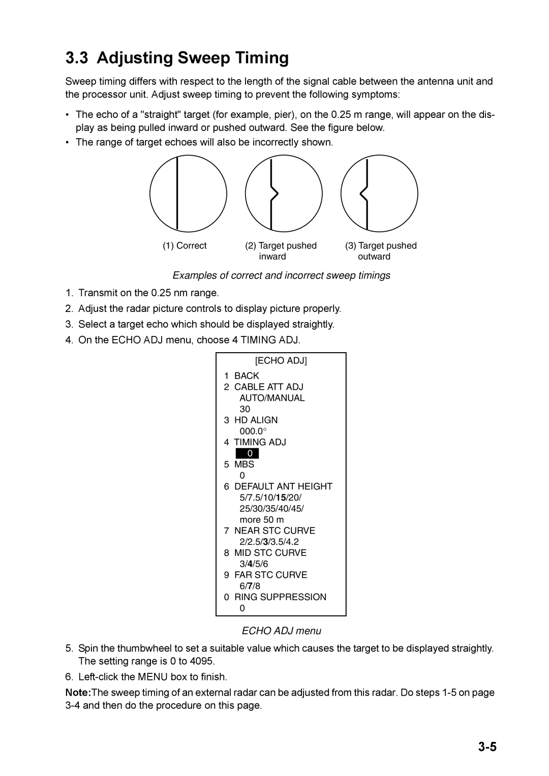 Furuno FAR-2157 installation manual Adjusting Sweep Timing, Examples of correct and incorrect sweep timings 