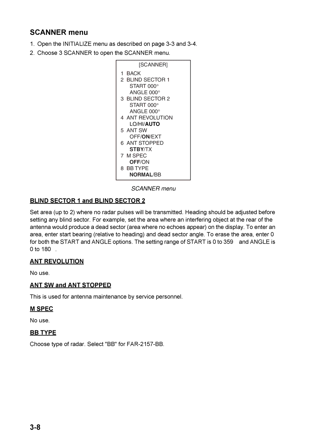 Furuno FAR-2157 installation manual Scanner menu, Blind Sector 1 and Blind Sector, ANT SW and ANT Stopped 