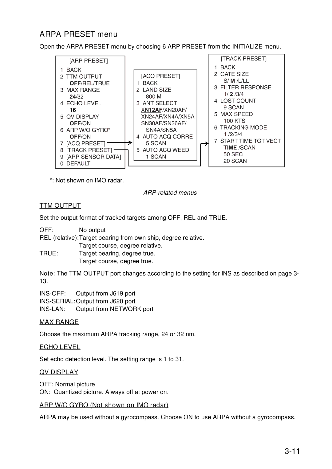 Furuno FAR-2157 installation manual Arpa Preset menu, ARP W/O Gyro Not shown on IMO radar, ARP-related menus 