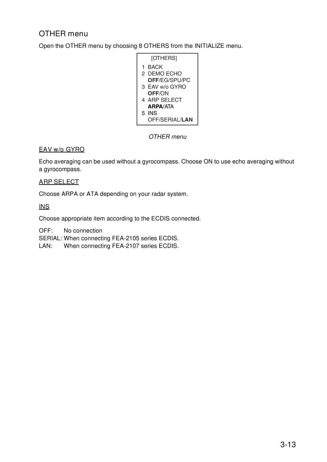 Furuno FAR-2157 installation manual Other menu, EAV w/o Gyro 