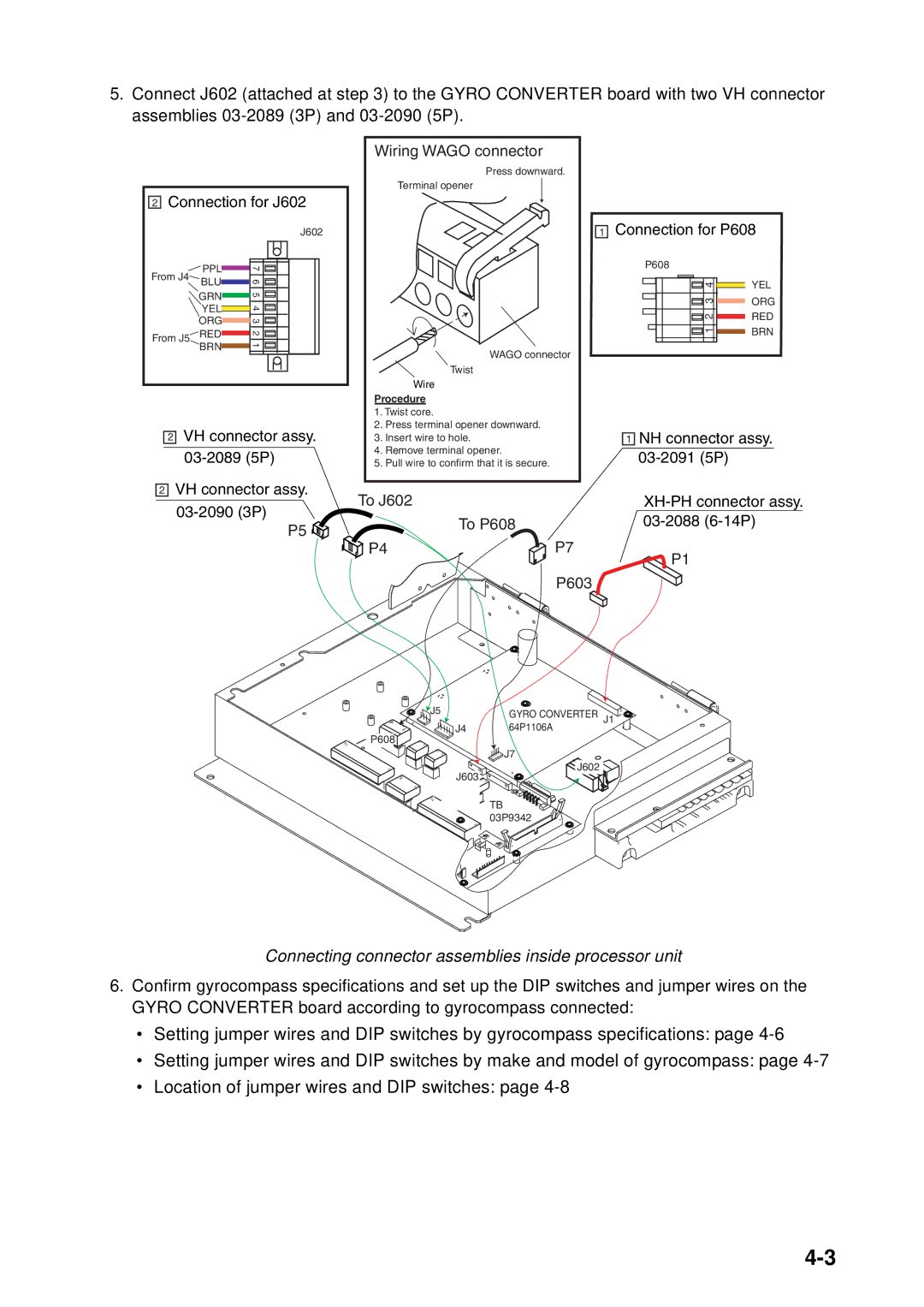 Furuno FAR-2157 installation manual Connecting connector assemblies inside processor unit, Wiring Wago connector 