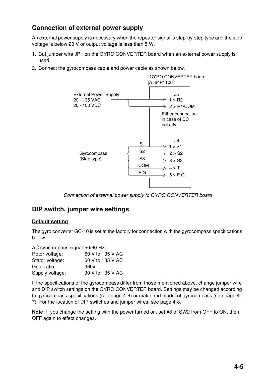 Furuno FAR-2157 installation manual Connection of external power supply, DIP switch, jumper wire settings, Default setting 