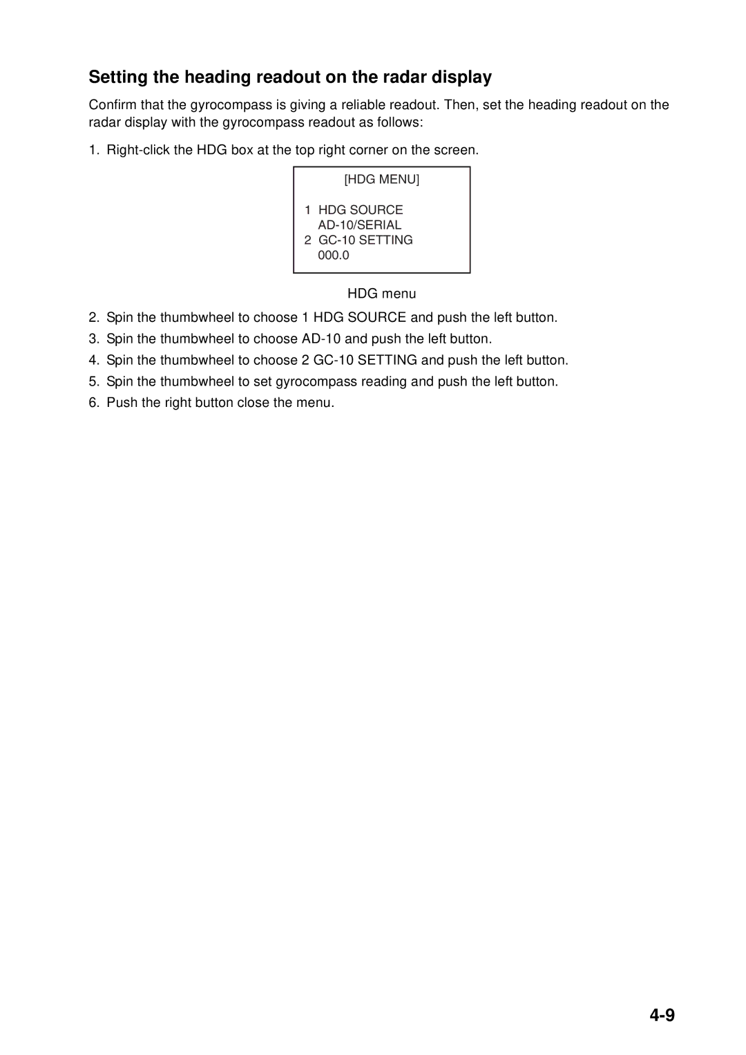 Furuno FAR-2157 installation manual Setting the heading readout on the radar display, HDG menu 