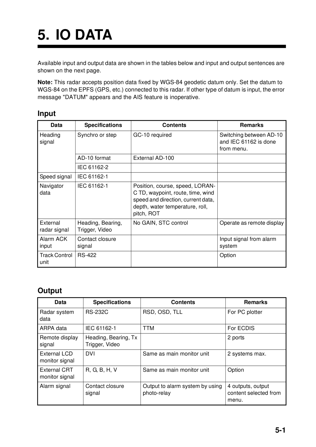 Furuno FAR-2157 installation manual Input, Output, Data Specifications Contents Remarks 