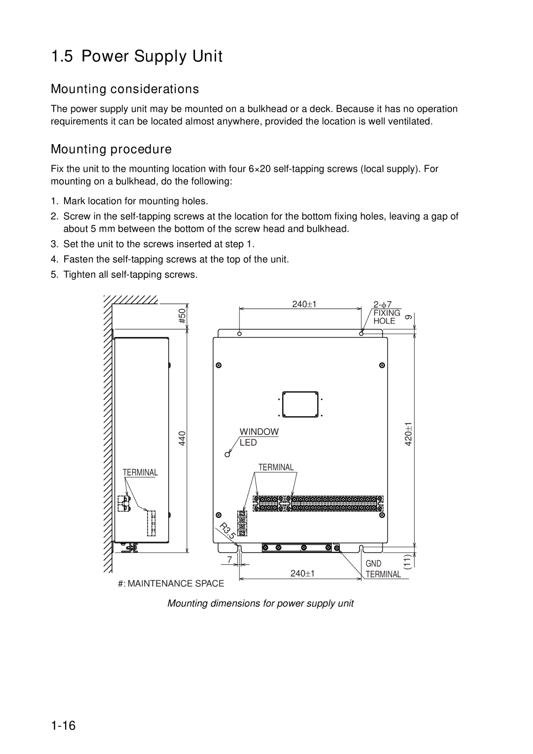 Furuno FAR-2167DS-BB, FAR-2167DS-D installation manual Power Supply Unit, Mounting dimensions for power supply unit 