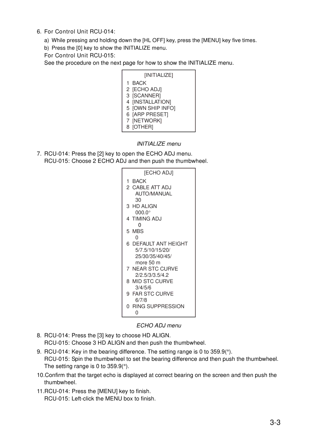 Furuno FAR-2167DS-D, FAR-2167DS-BB For Control Unit RCU-014, For Control Unit RCU-015, Initialize menu, Echo ADJ menu 