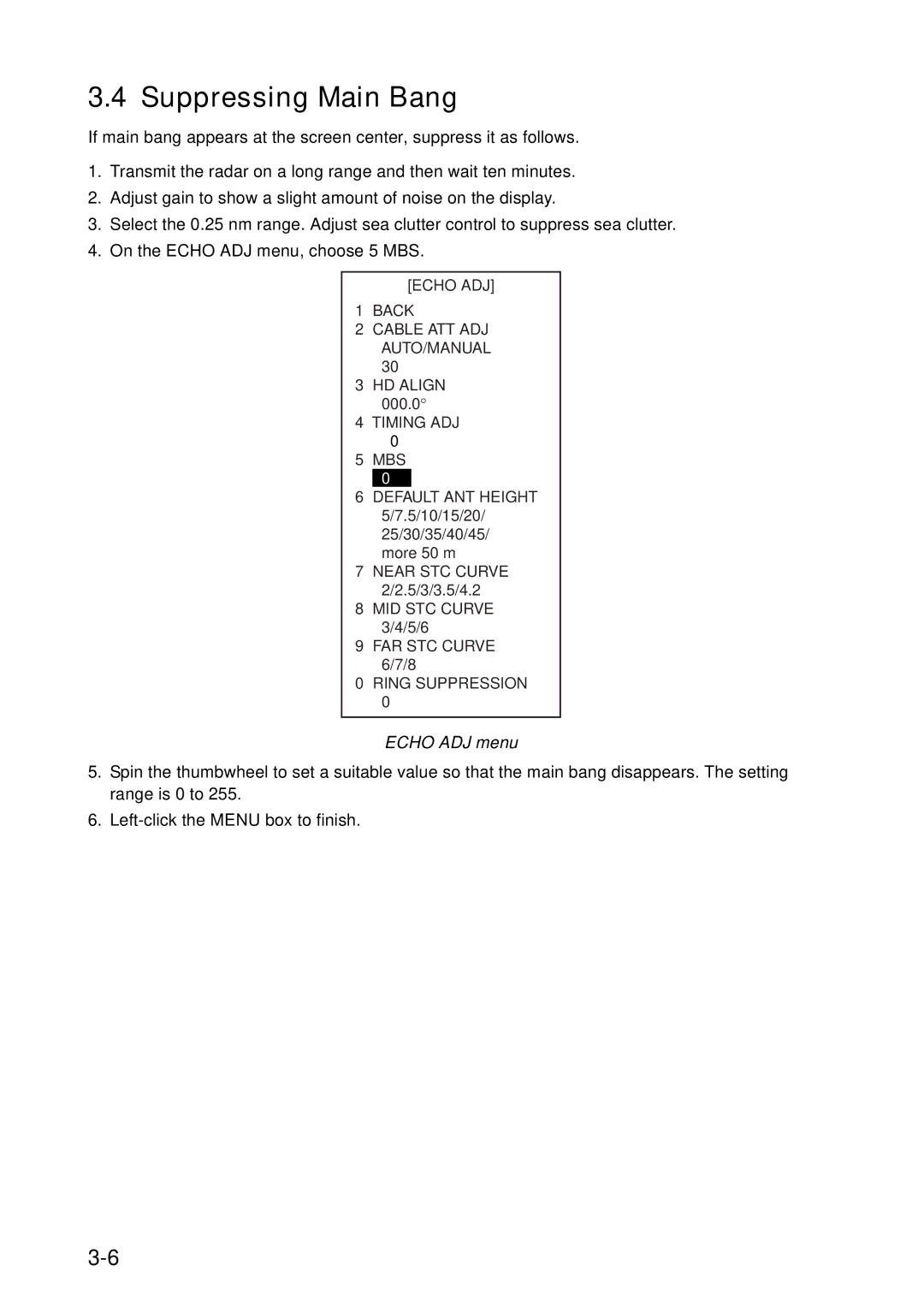 Furuno FAR-2167DS-BB, FAR-2167DS-D installation manual Suppressing Main Bang, Echo ADJ menu 