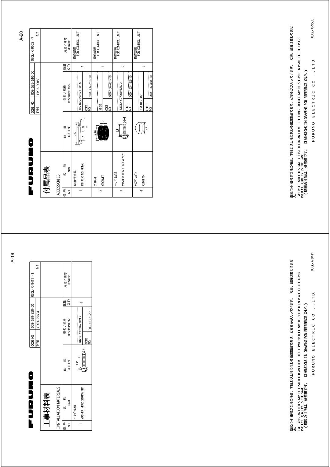 Furuno FAR-2167DS-BB, FAR-2167DS-D installation manual 付属品表 