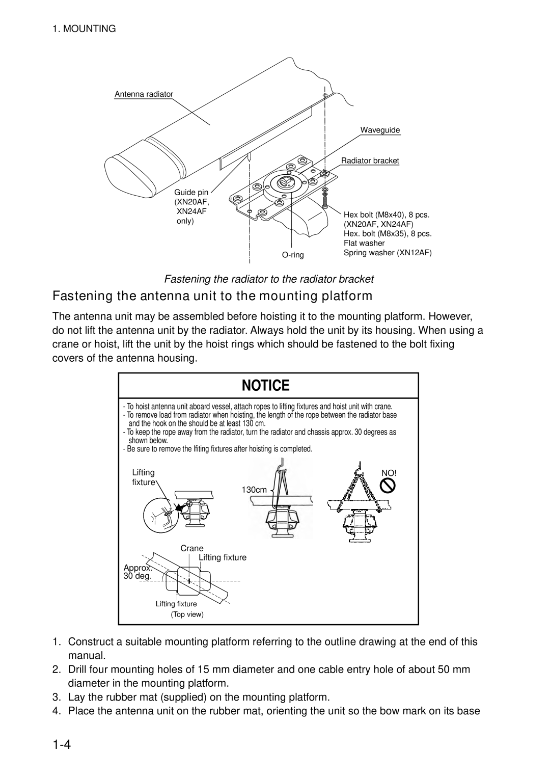 Furuno FAR-2827 Fastening the antenna unit to the mounting platform, Fastening the radiator to the radiator bracket 