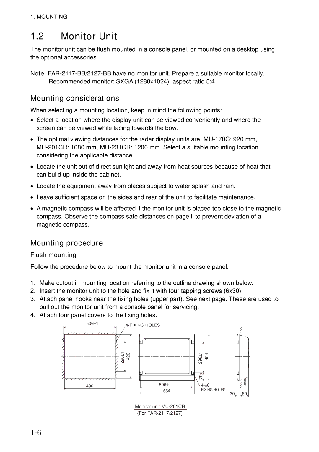 Furuno FAR-2117-BB, FAR-2827, FAR-2127-BB, FAR-2817 installation manual Monitor Unit, Mounting procedure, Flush mounting 