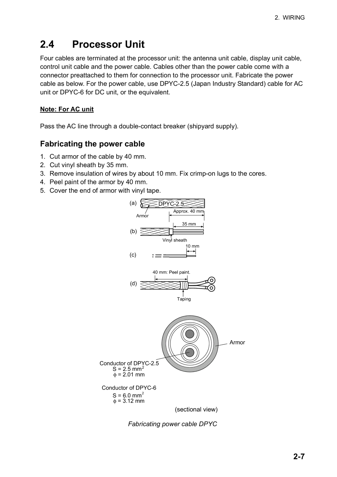 Furuno FAR-2127-BB, FAR-2827, FAR-2117-BB, FAR-2817 installation manual Processor Unit, Fabricating power cable Dpyc 