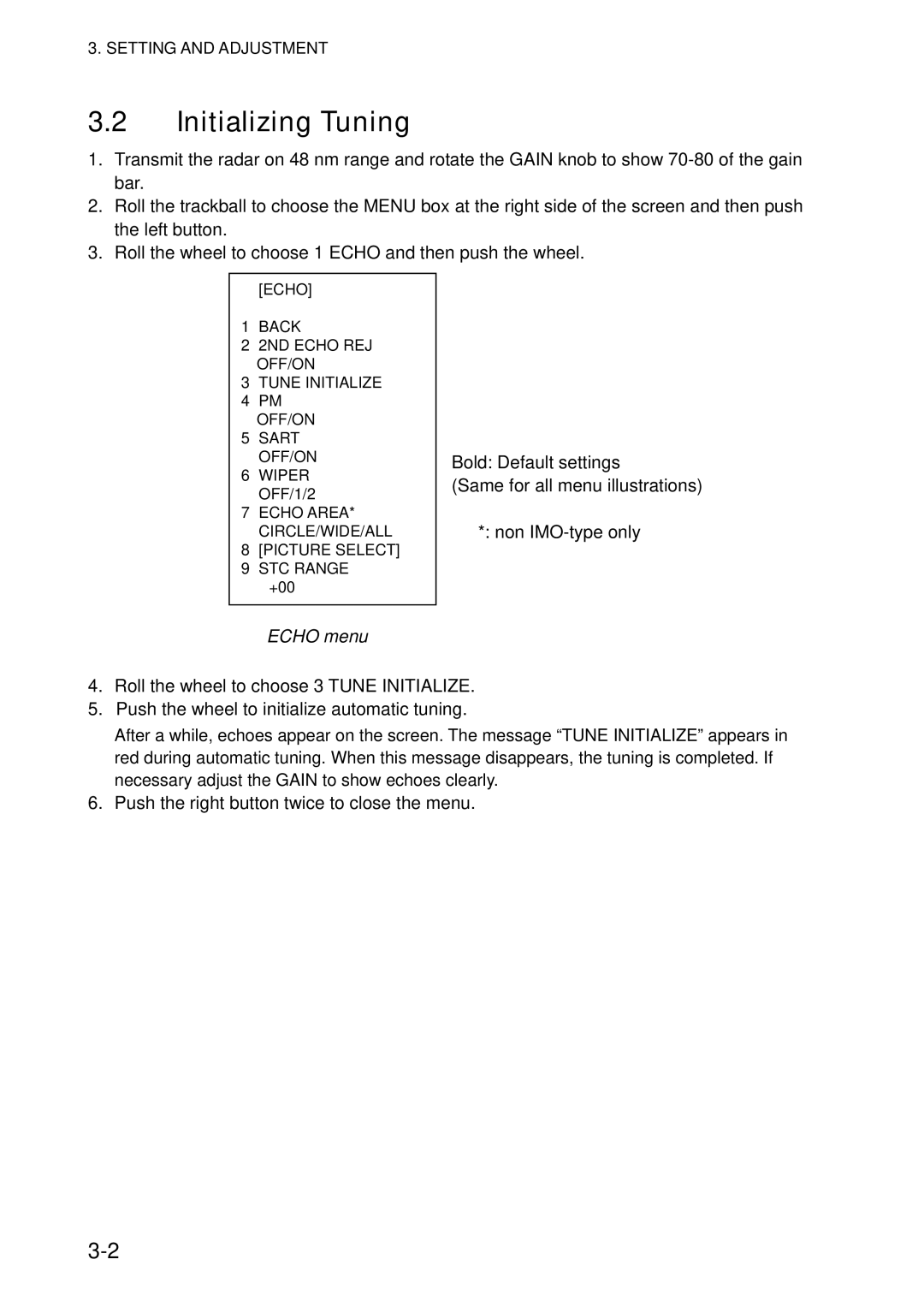 Furuno FAR-2827, FAR-2127-BB, FAR-2117-BB, FAR-2817 installation manual Initializing Tuning, Echo menu 