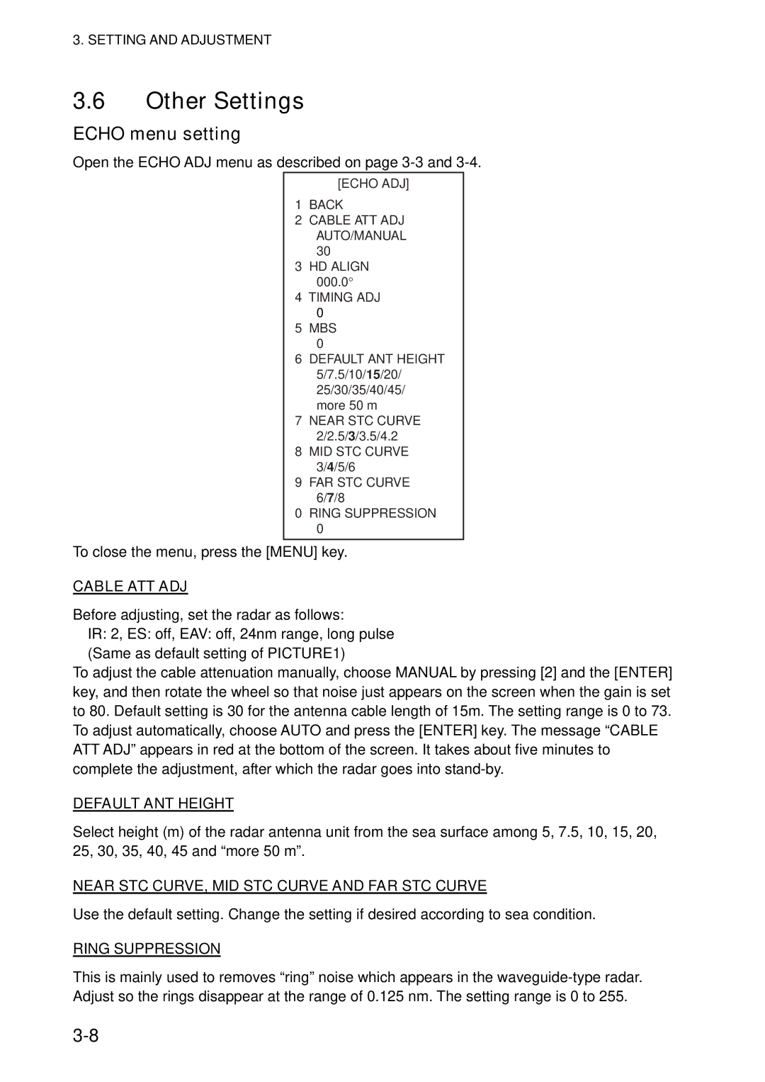 Furuno FAR-2827, FAR-2127-BB, FAR-2117-BB, FAR-2817 installation manual Other Settings, Echo menu setting 