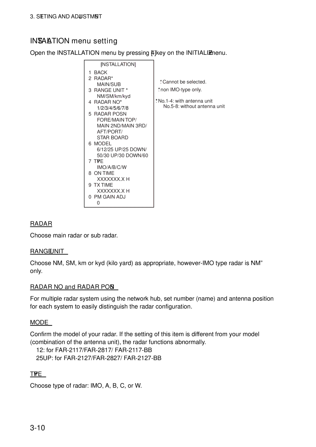 Furuno FAR-2827, FAR-2127-BB, FAR-2117-BB, FAR-2817 installation manual Installation menu setting, Radar no and Radar Posn 