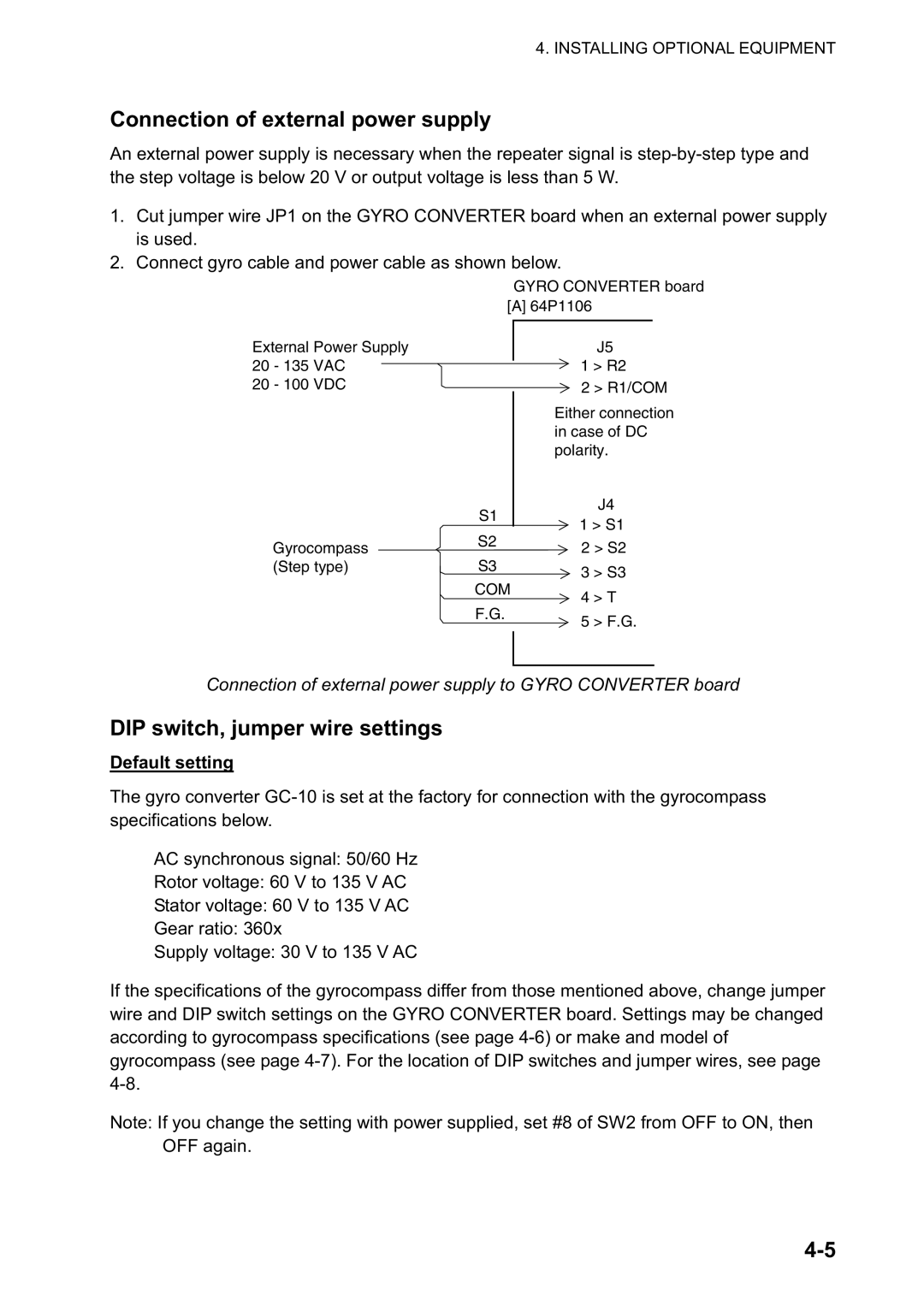 Furuno FAR-2117, FAR-2827, FAR-2817 Connection of external power supply, DIP switch, jumper wire settings, Default setting 