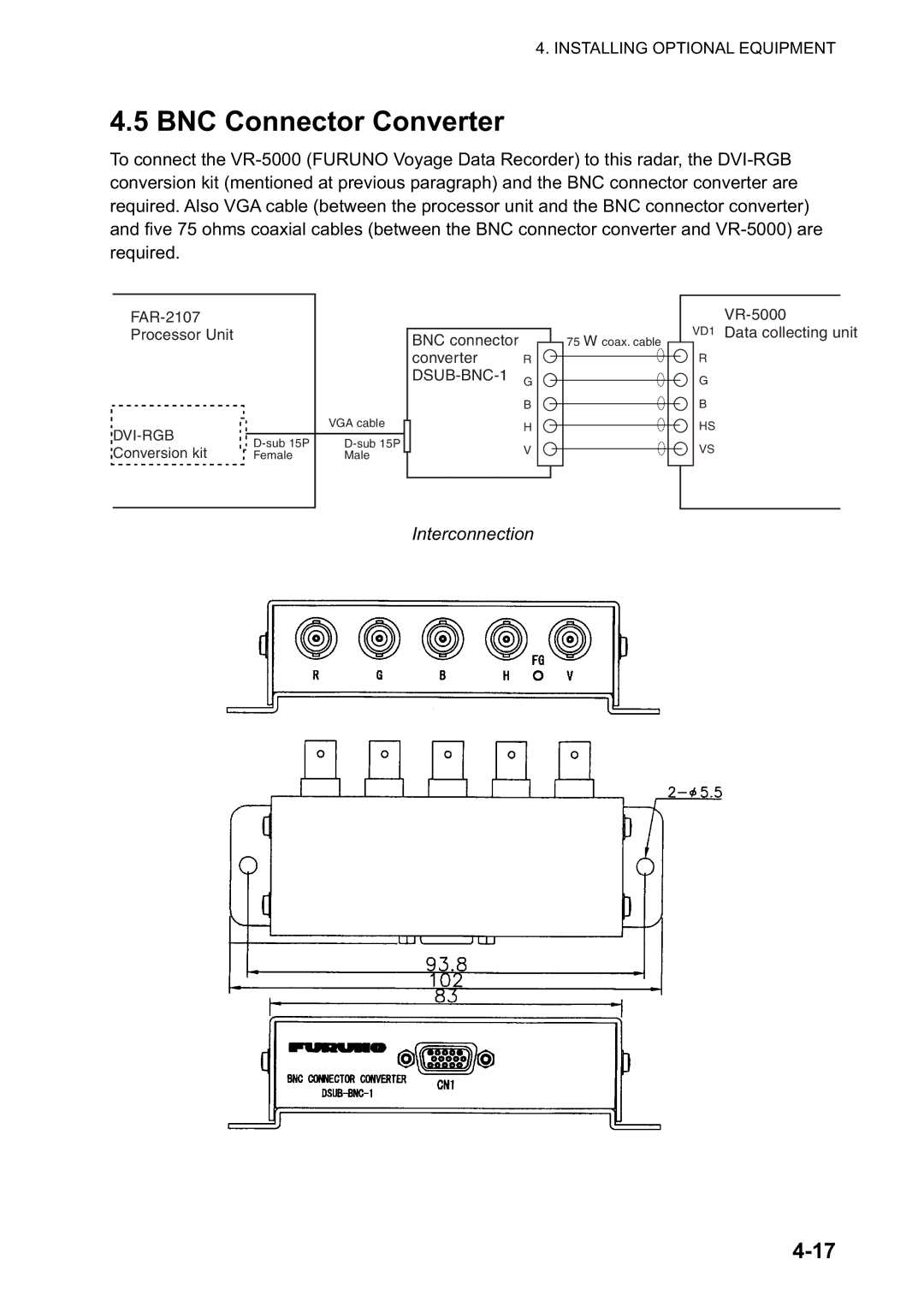 Furuno FAR-2827, FAR-2127-BB, FAR-2117-BB, FAR-2817 installation manual BNC Connector Converter, Interconnection 