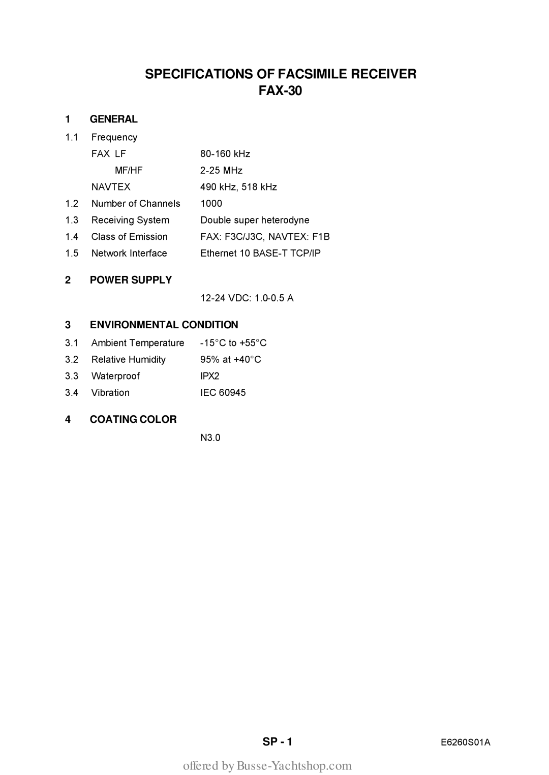 Furuno FAX-30 manual Specifications of Facsimile Receiver 