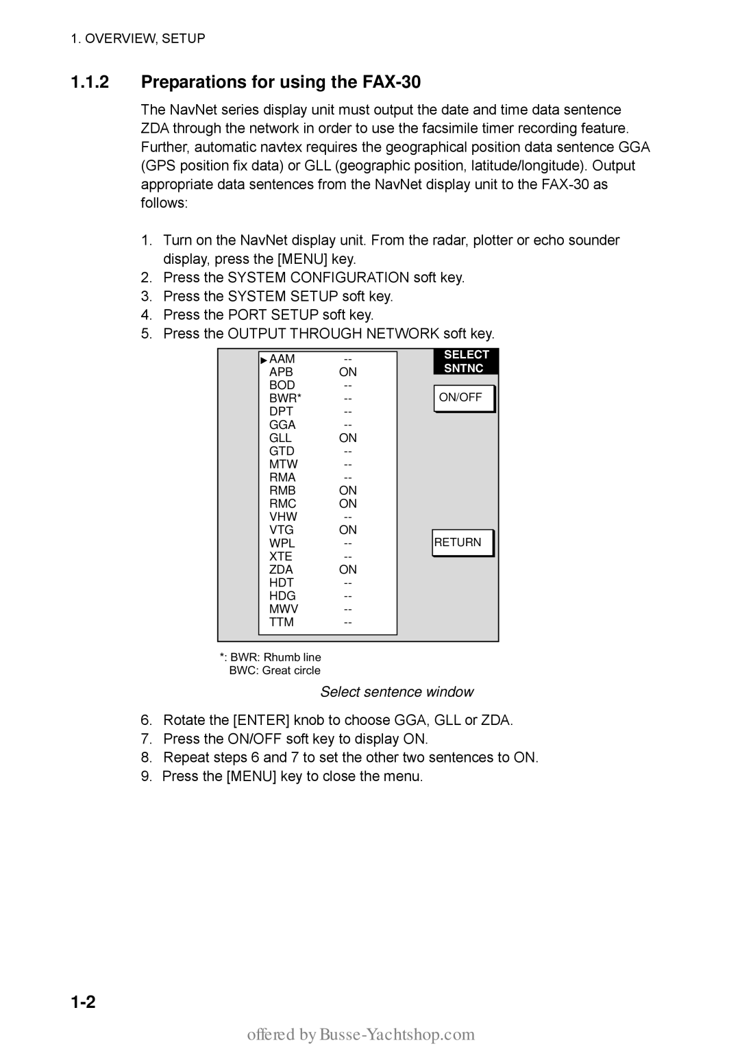 Furuno manual Preparations for using the FAX-30, Select sentence window 