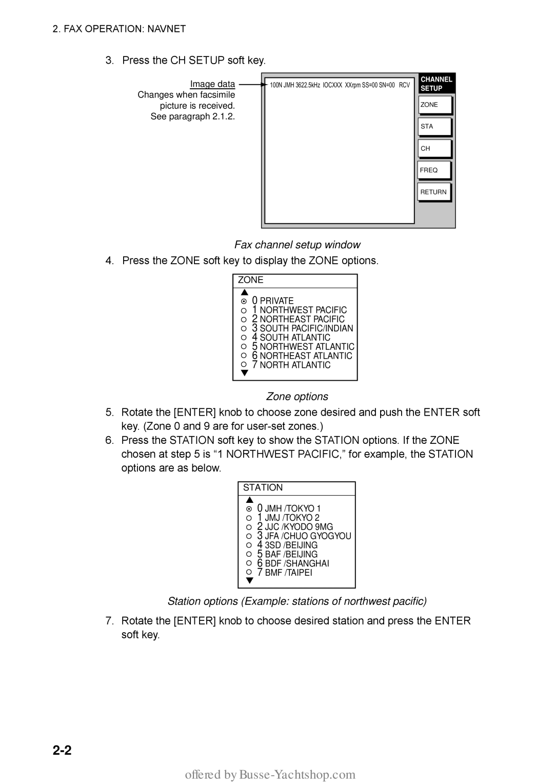 Furuno FAX-30 manual Fax channel setup window, Zone options, Station options Example stations of northwest pacific 