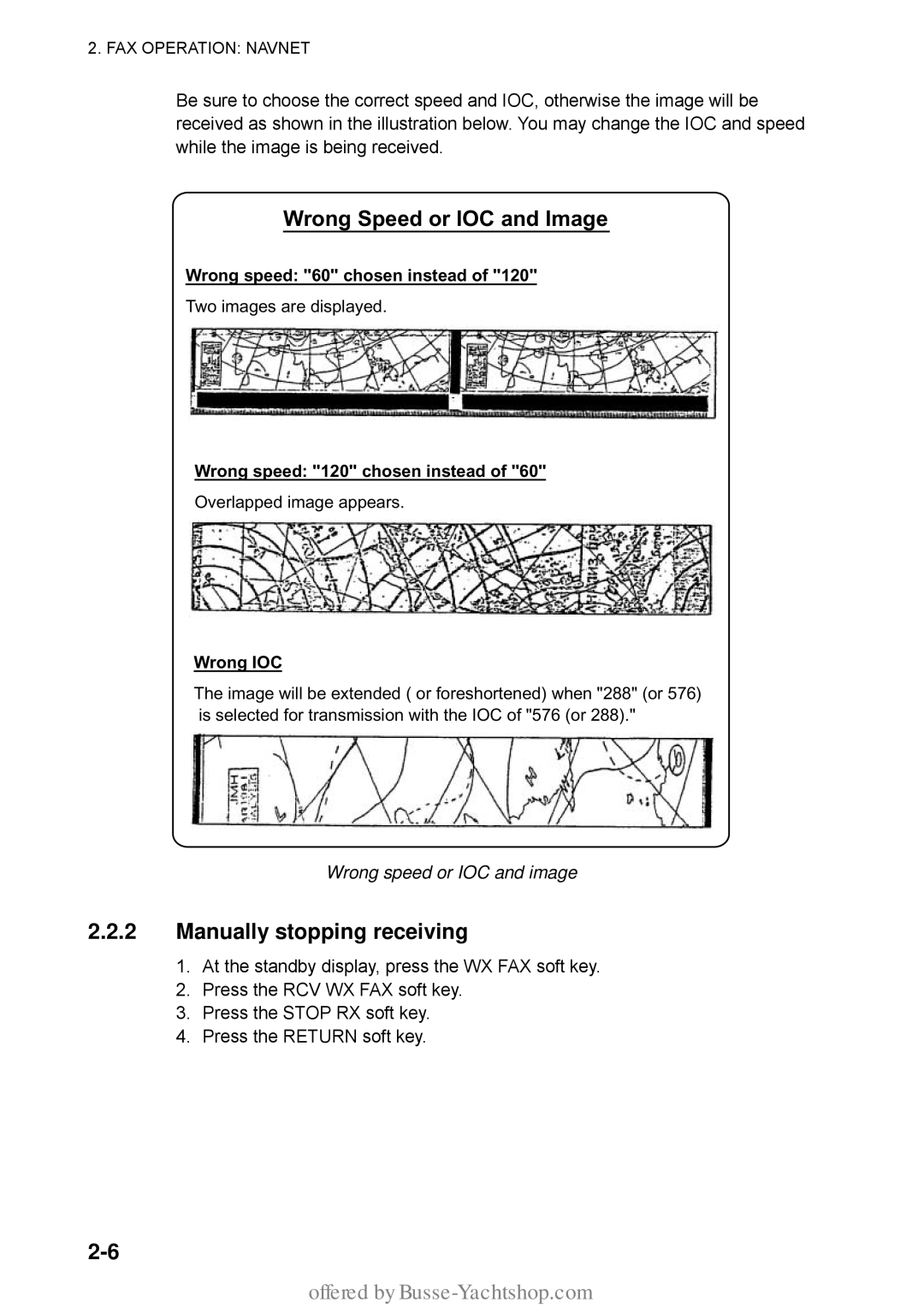 Furuno FAX-30 manual Wrong Speed or IOC and Image, Manually stopping receiving, Wrong speed 60 chosen instead, Wrong IOC 