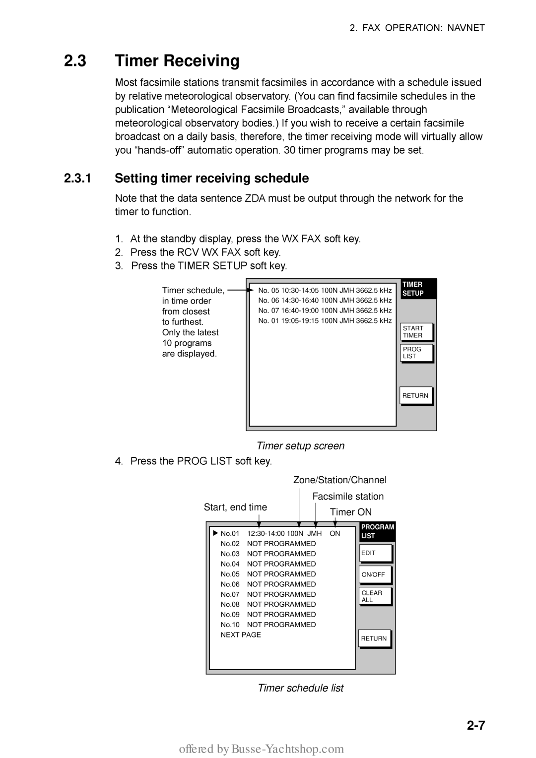 Furuno FAX-30 manual Timer Receiving, Setting timer receiving schedule, Timer setup screen, Timer schedule list 