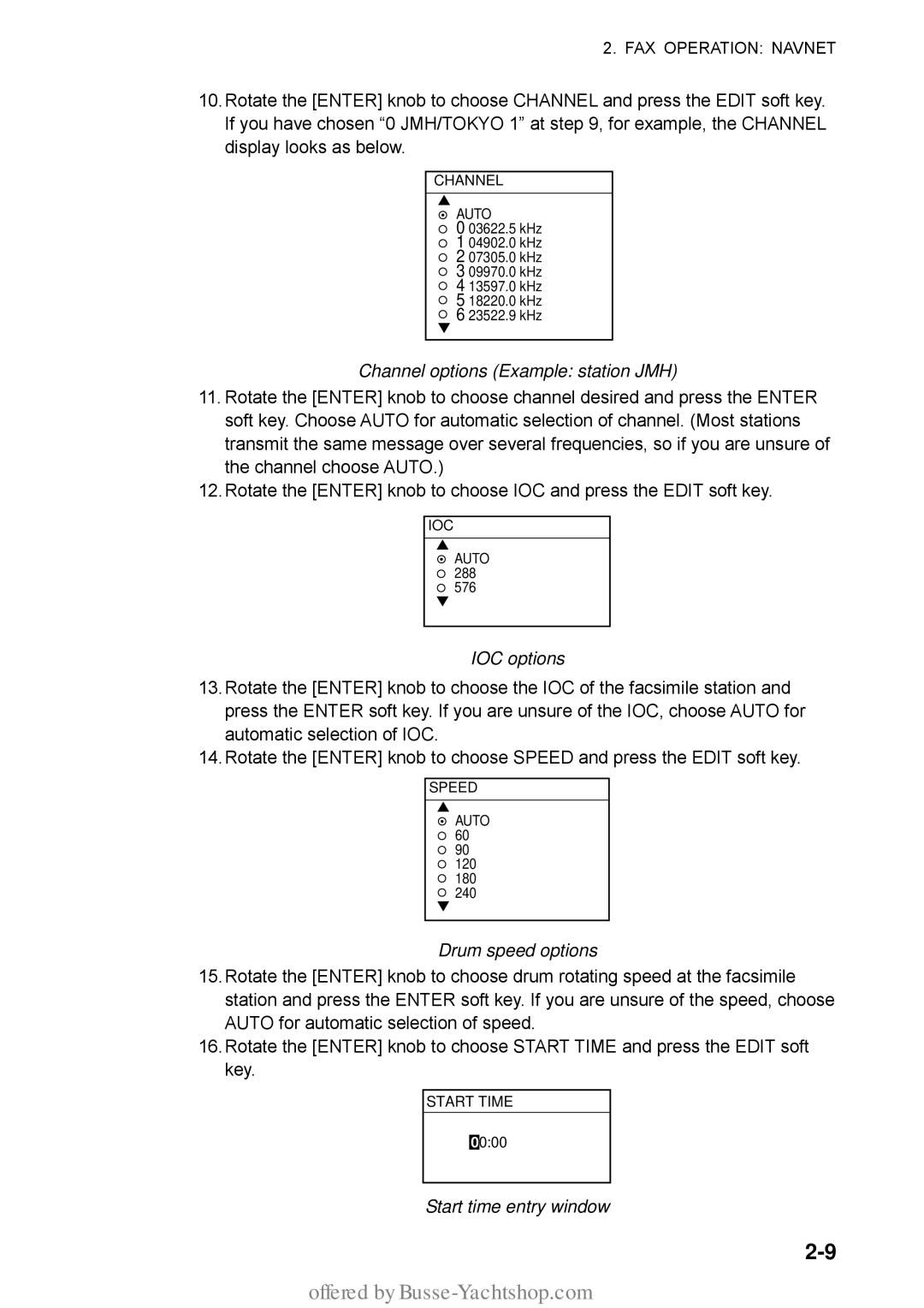 Furuno FAX-30 manual Channel options Example station JMH, IOC options, Drum speed options, Start time entry window 