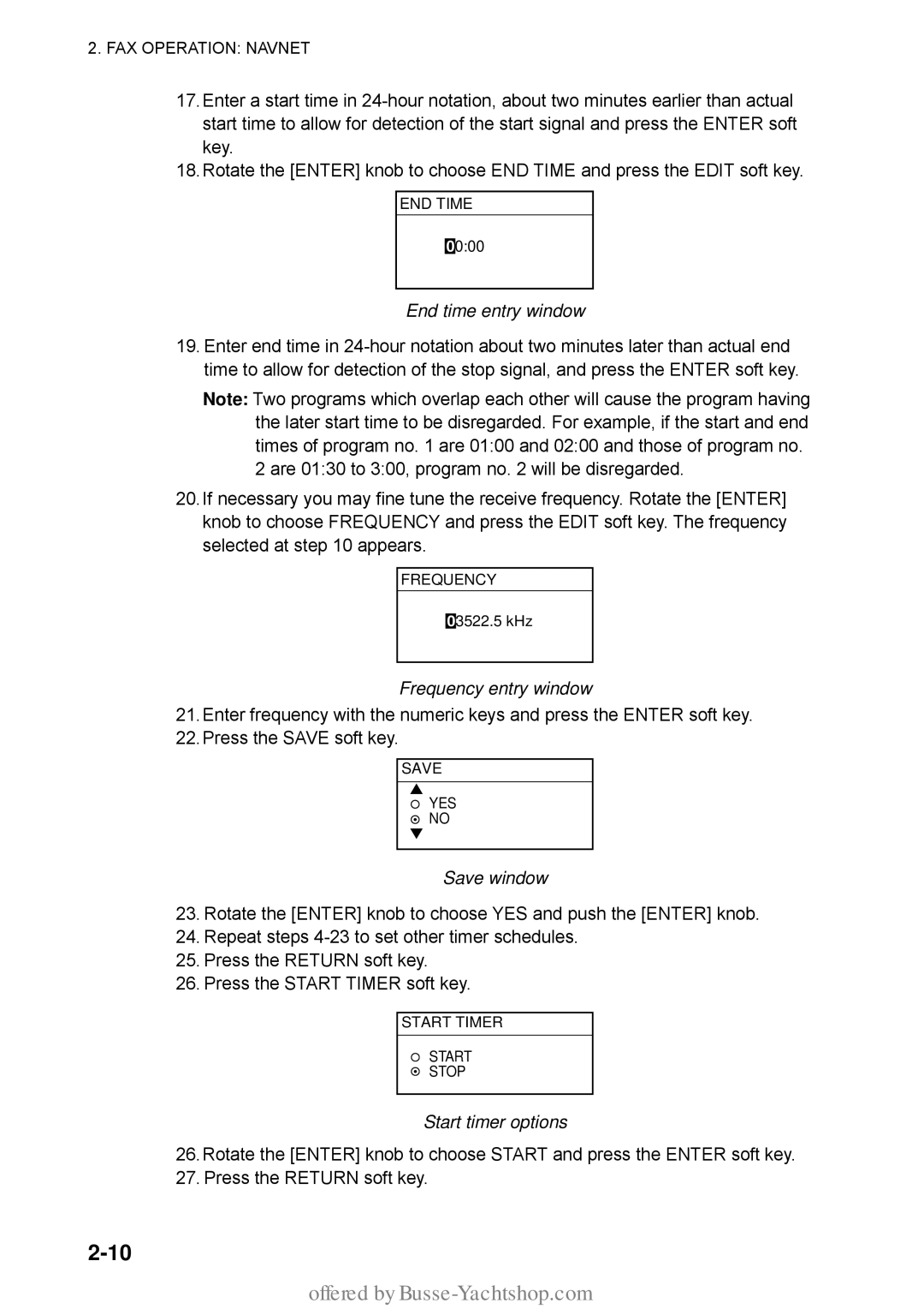 Furuno FAX-30 manual End time entry window, Save window, Start timer options 