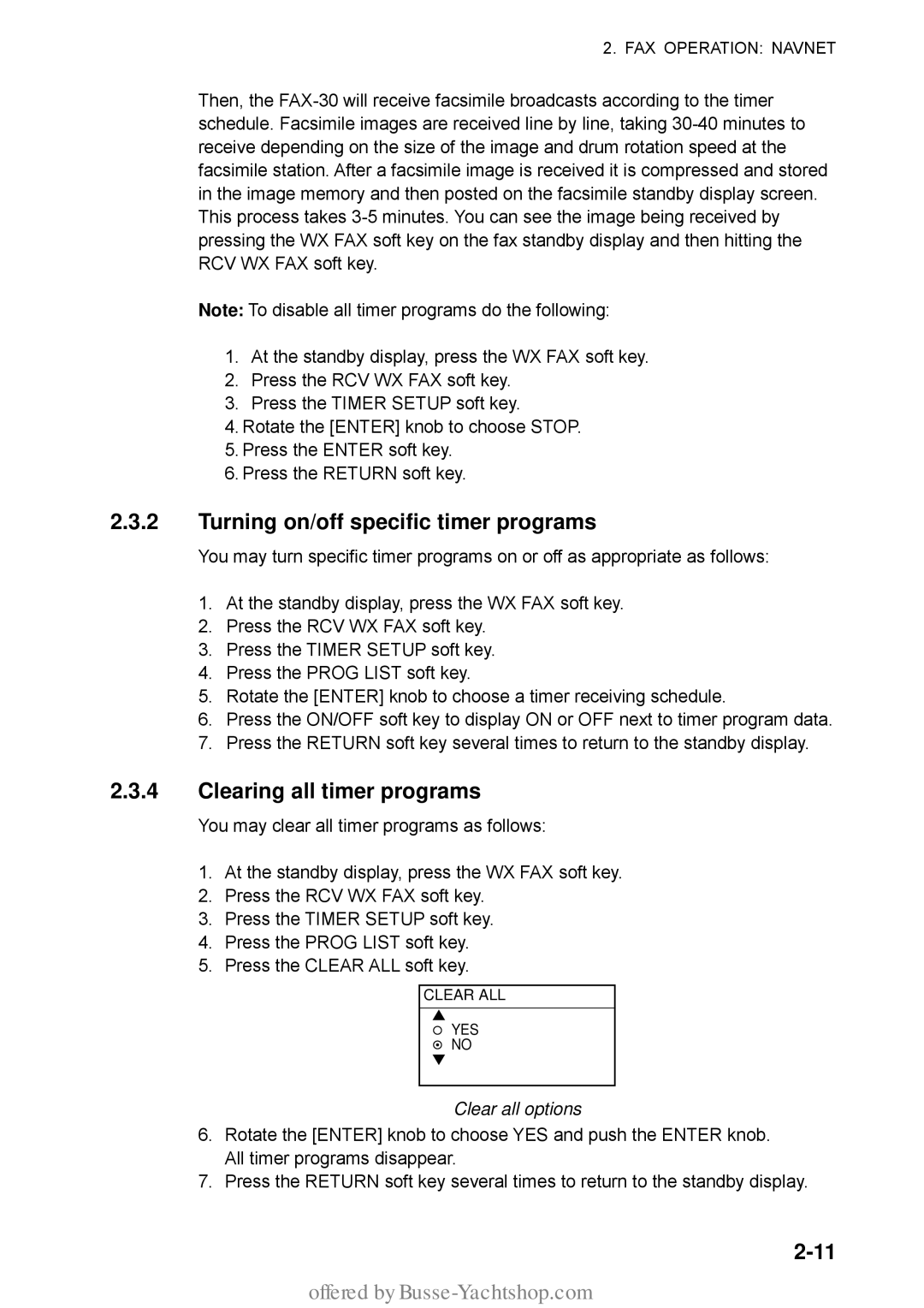 Furuno FAX-30 manual Turning on/off specific timer programs, Clearing all timer programs, Clear all options 