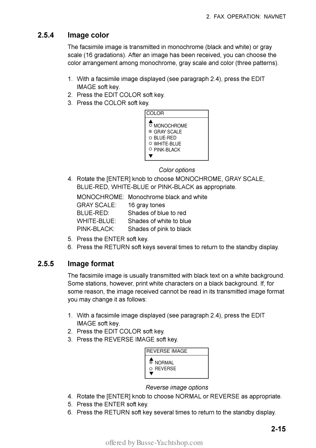 Furuno FAX-30 manual Image color, Image format, Color options, Reverse image options 