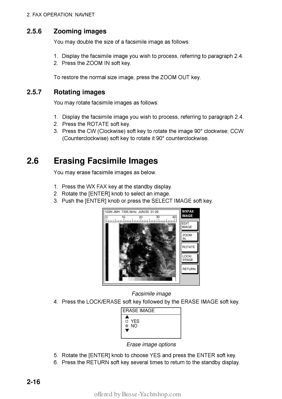 Furuno FAX-30 manual Erasing Facsimile Images, Zooming images, Rotating images, Erase image options 