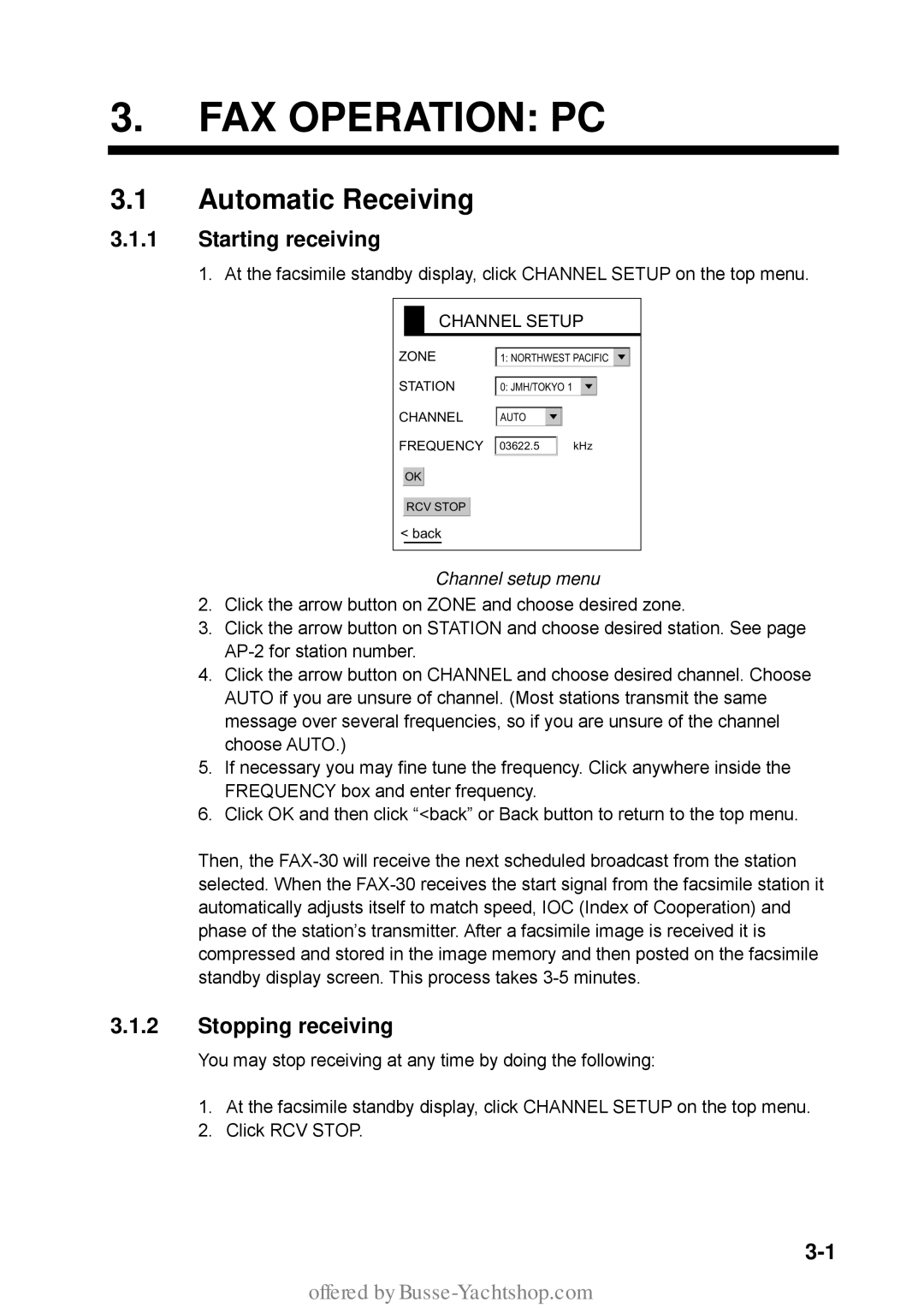 Furuno FAX-30 manual FAX Operation PC, Starting receiving, Stopping receiving, Channel setup menu 