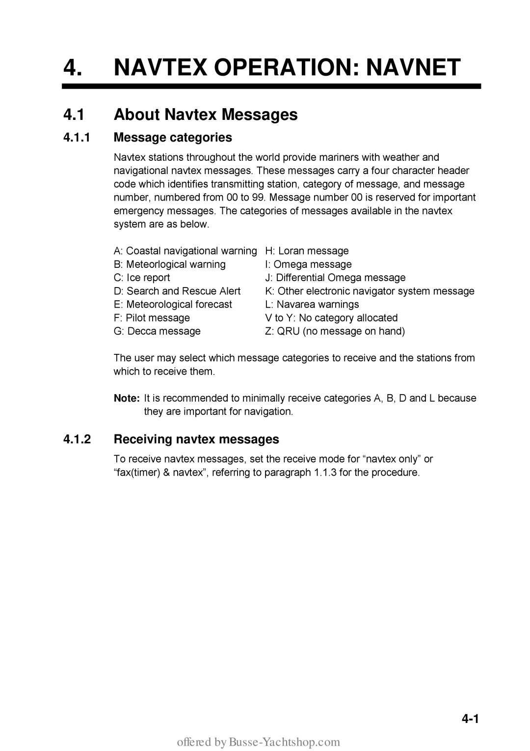 Furuno FAX-30 manual Navtex Operation Navnet, About Navtex Messages, Message categories, Receiving navtex messages 