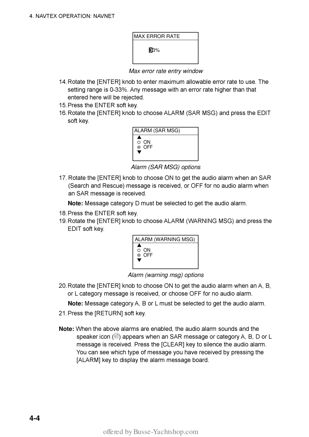 Furuno FAX-30 manual Max error rate entry window, Alarm SAR MSG options, Alarm warning msg options 