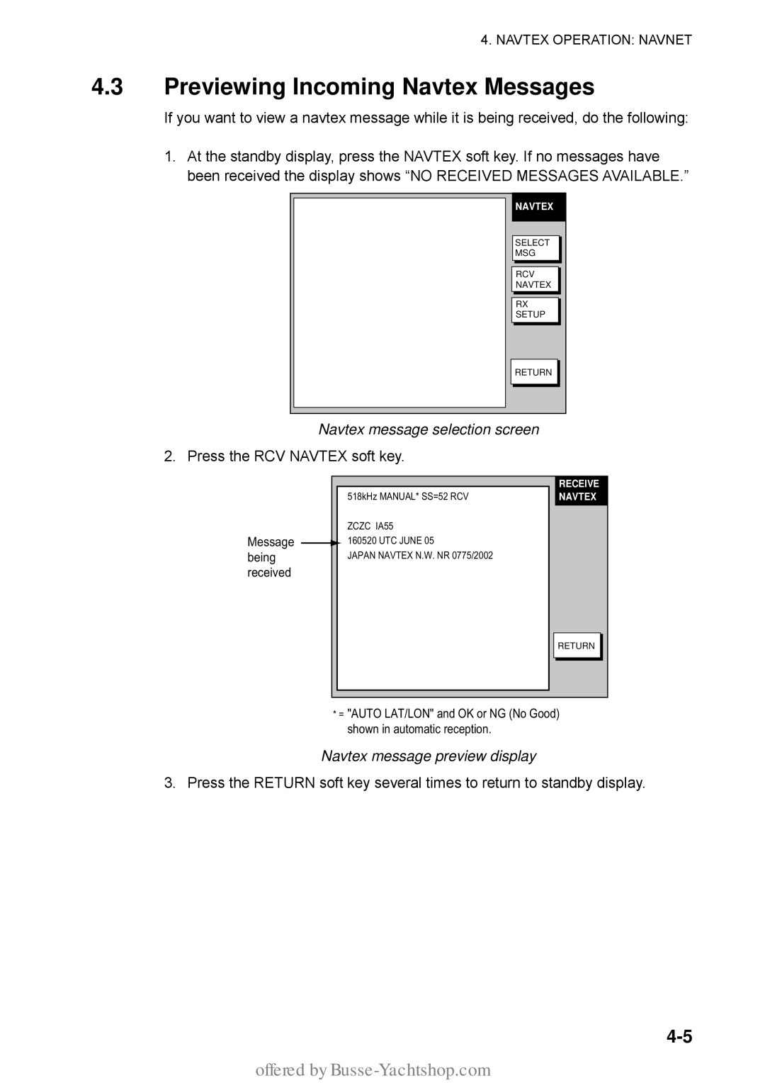 Furuno FAX-30 manual Previewing Incoming Navtex Messages, Navtex message selection screen, Navtex message preview display 