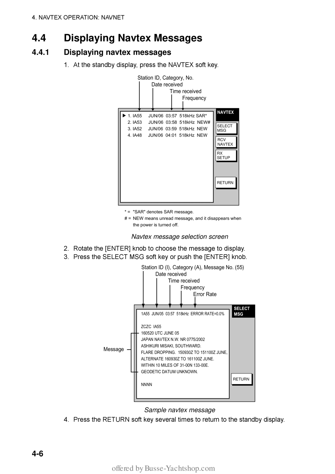 Furuno FAX-30 manual Displaying Navtex Messages, Displaying navtex messages, Sample navtex message 