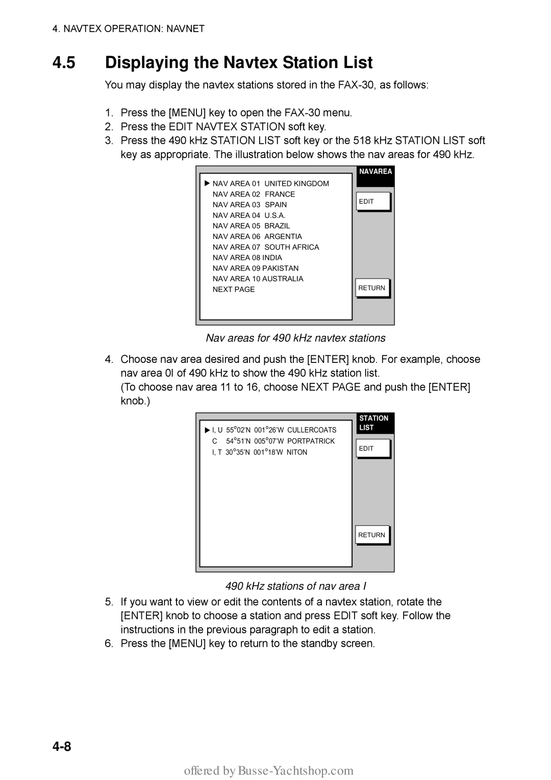 Furuno FAX-30 manual Displaying the Navtex Station List, Nav areas for 490 kHz navtex stations, KHz stations of nav area 