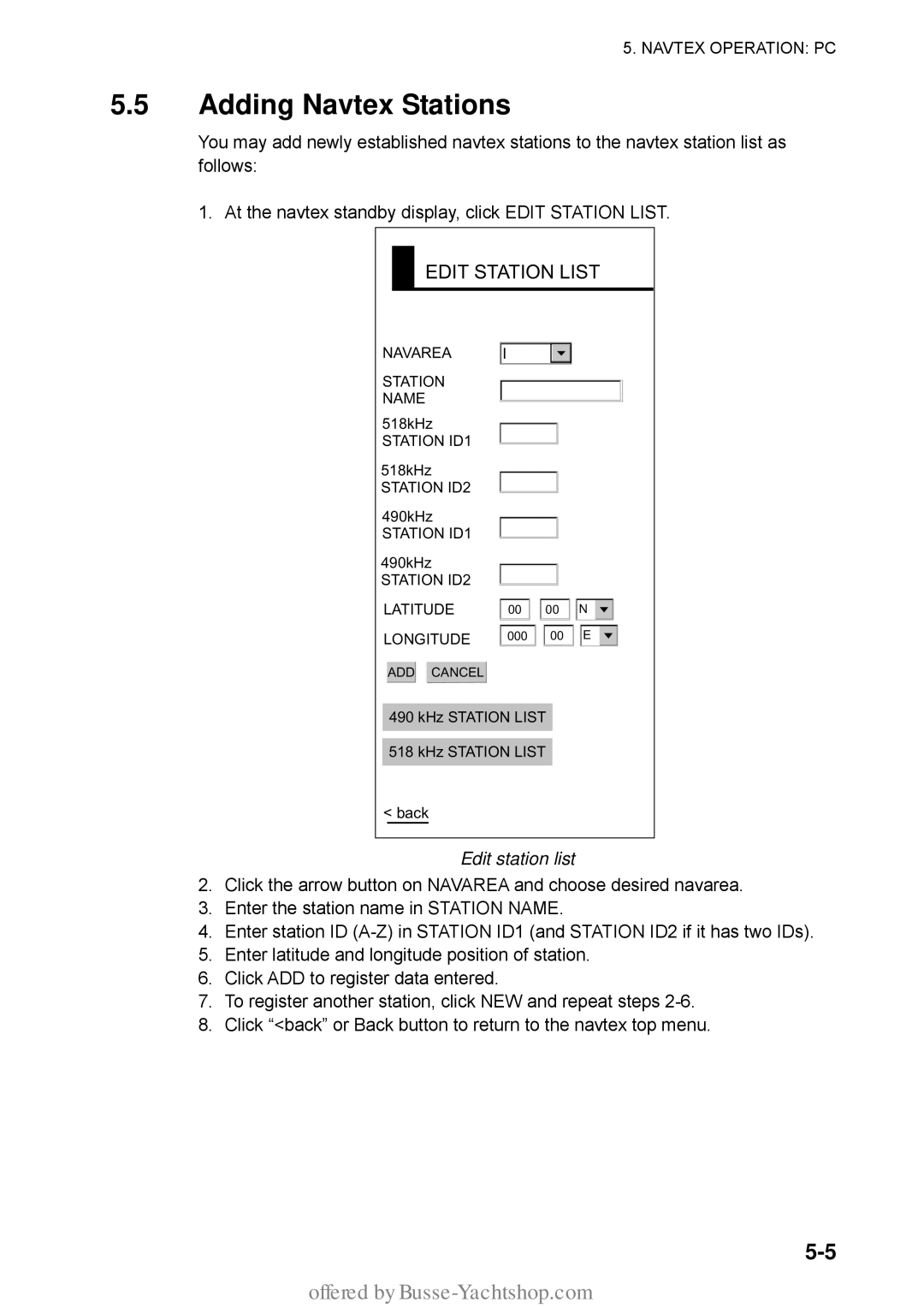 Furuno FAX-30 manual Adding Navtex Stations, Edit station list 