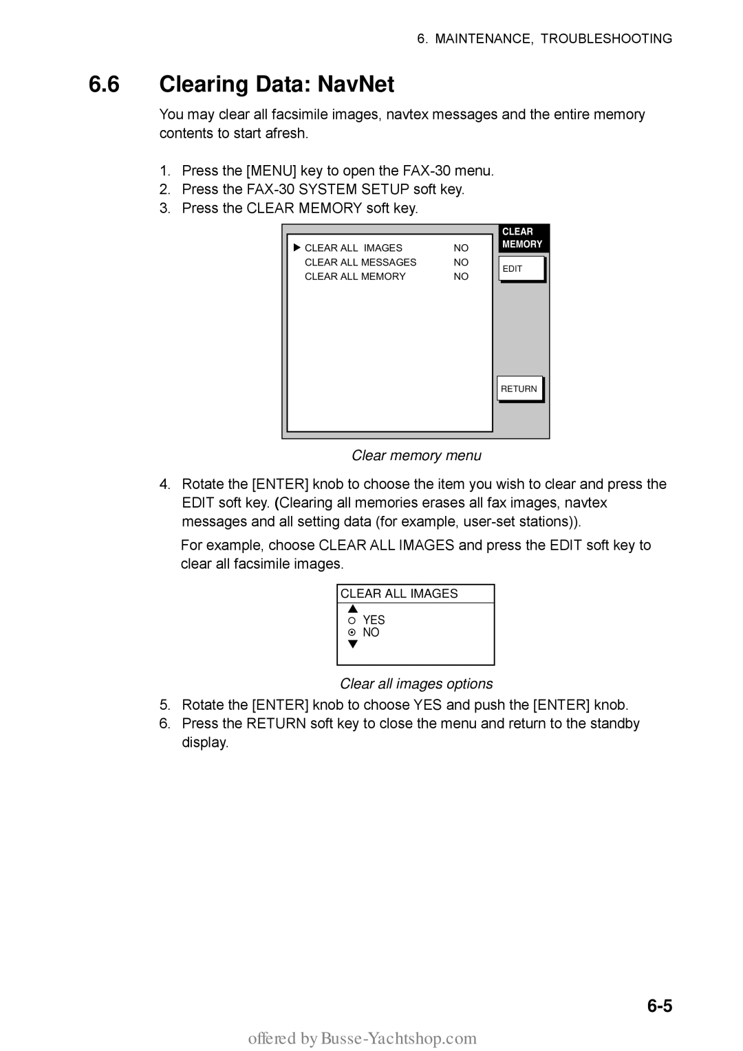 Furuno FAX-30 manual Clearing Data NavNet, Clear memory menu, Clear all images options 