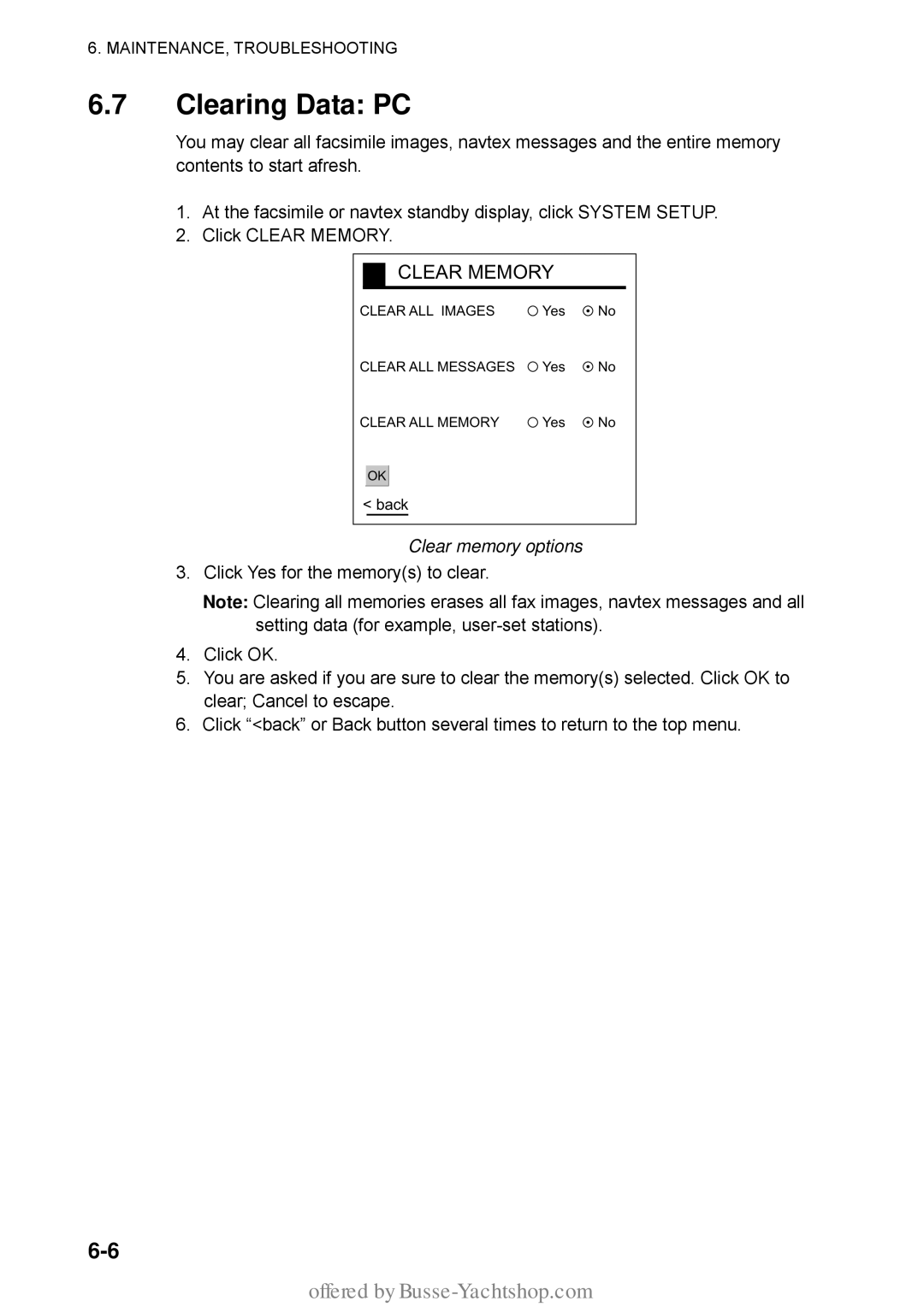 Furuno FAX-30 manual Clearing Data PC, Clear memory options 