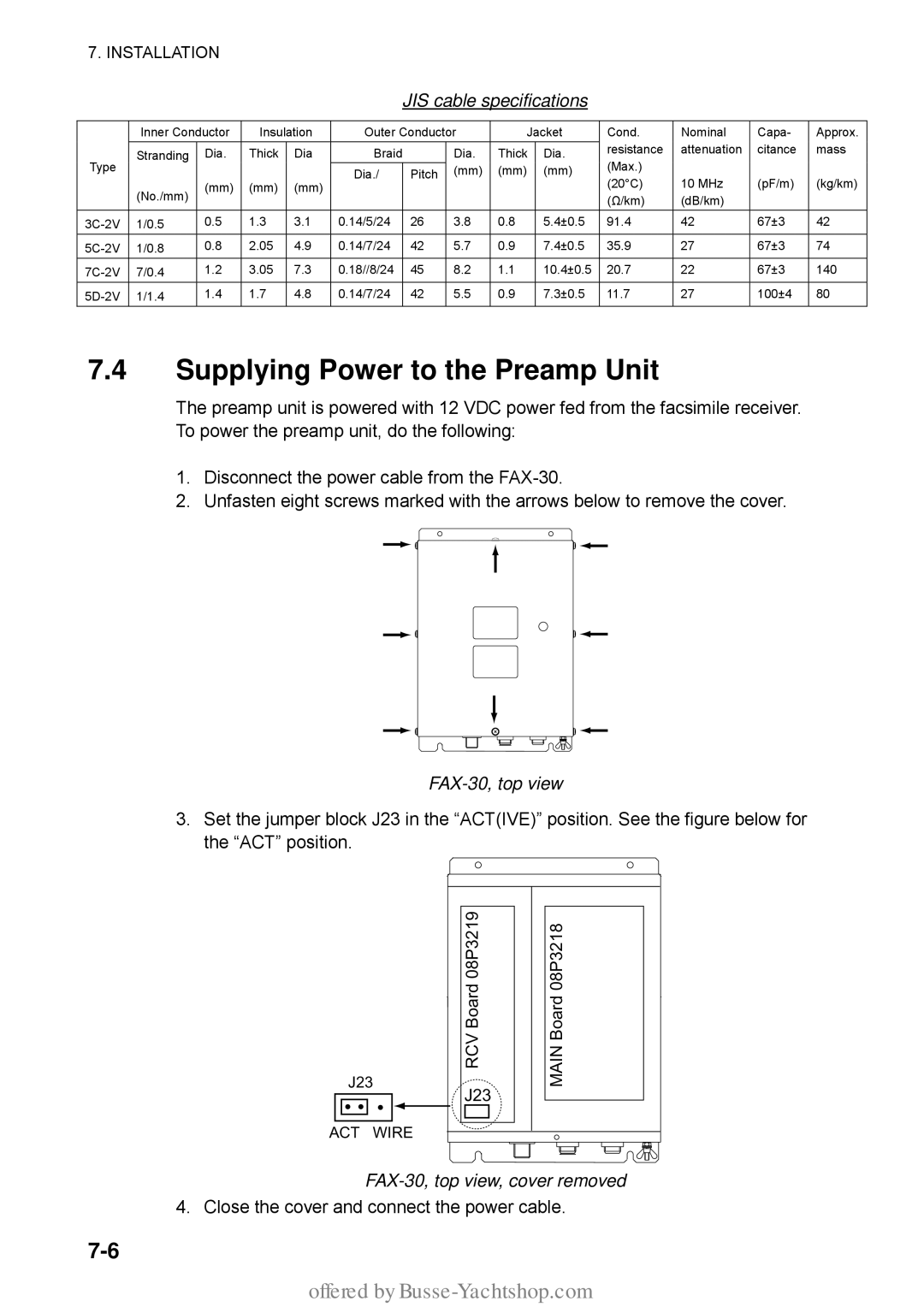 Furuno manual Supplying Power to the Preamp Unit, JIS cable specifications, FAX-30, top view, cover removed 