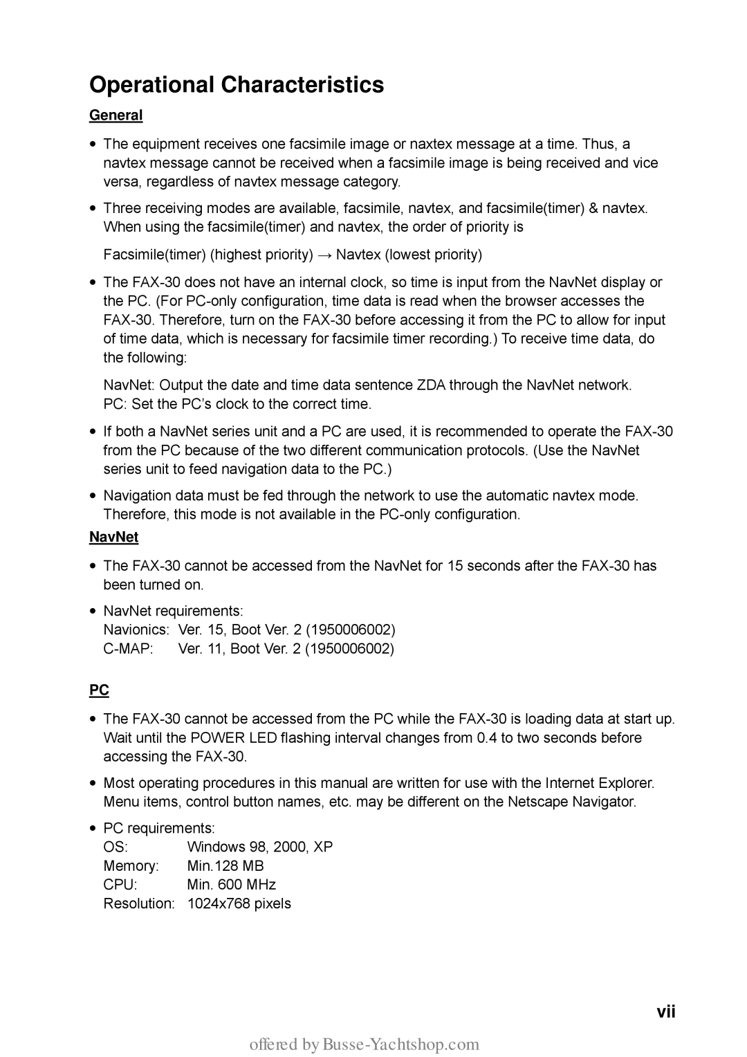 Furuno FAX-30 manual Operational Characteristics, Vii, General, NavNet 