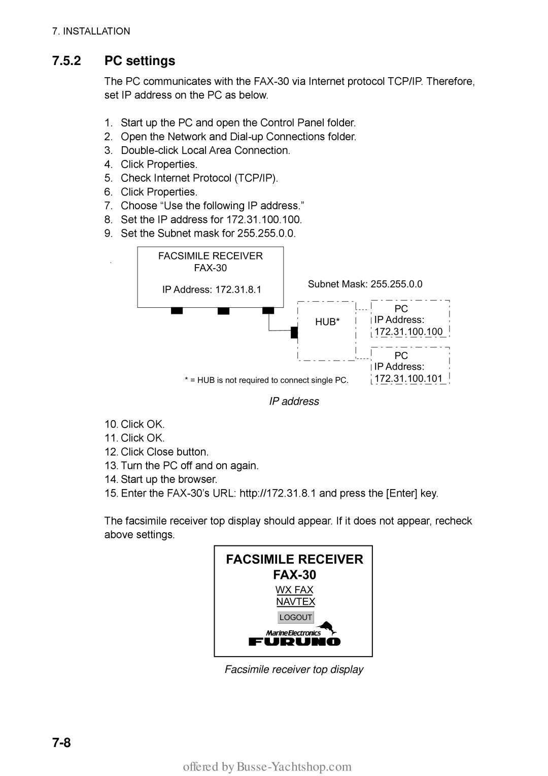 Furuno FAX-30 manual PC settings, IP address 