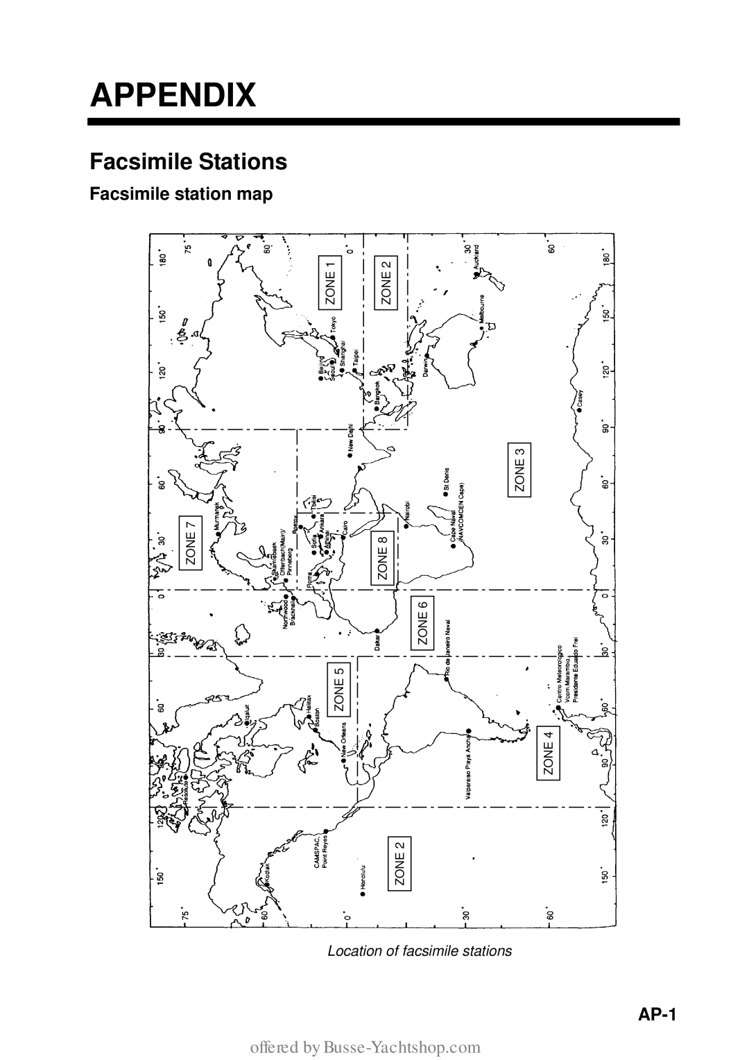 Furuno FAX-30 manual Appendix, Facsimile Stations, Facsimile station map, AP-1, Location of facsimile stations 