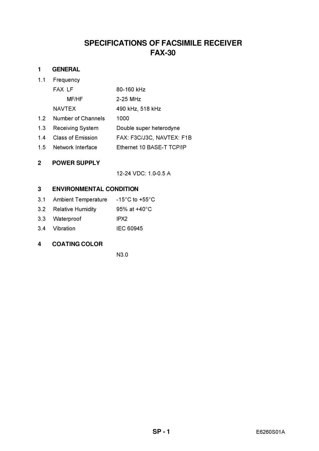 Furuno FAX-30 manual Specifications of Facsimile Receiver 