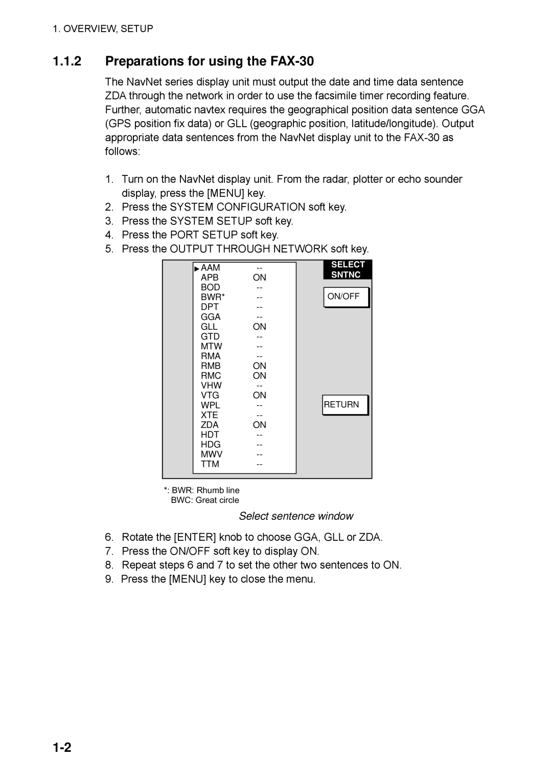 Furuno manual Preparations for using the FAX-30, Select sentence window 