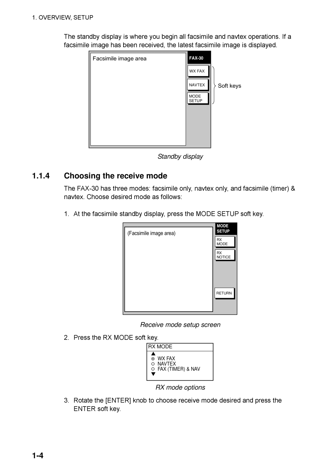 Furuno FAX-30 manual Choosing the receive mode, Standby display, Receive mode setup screen, RX mode options 