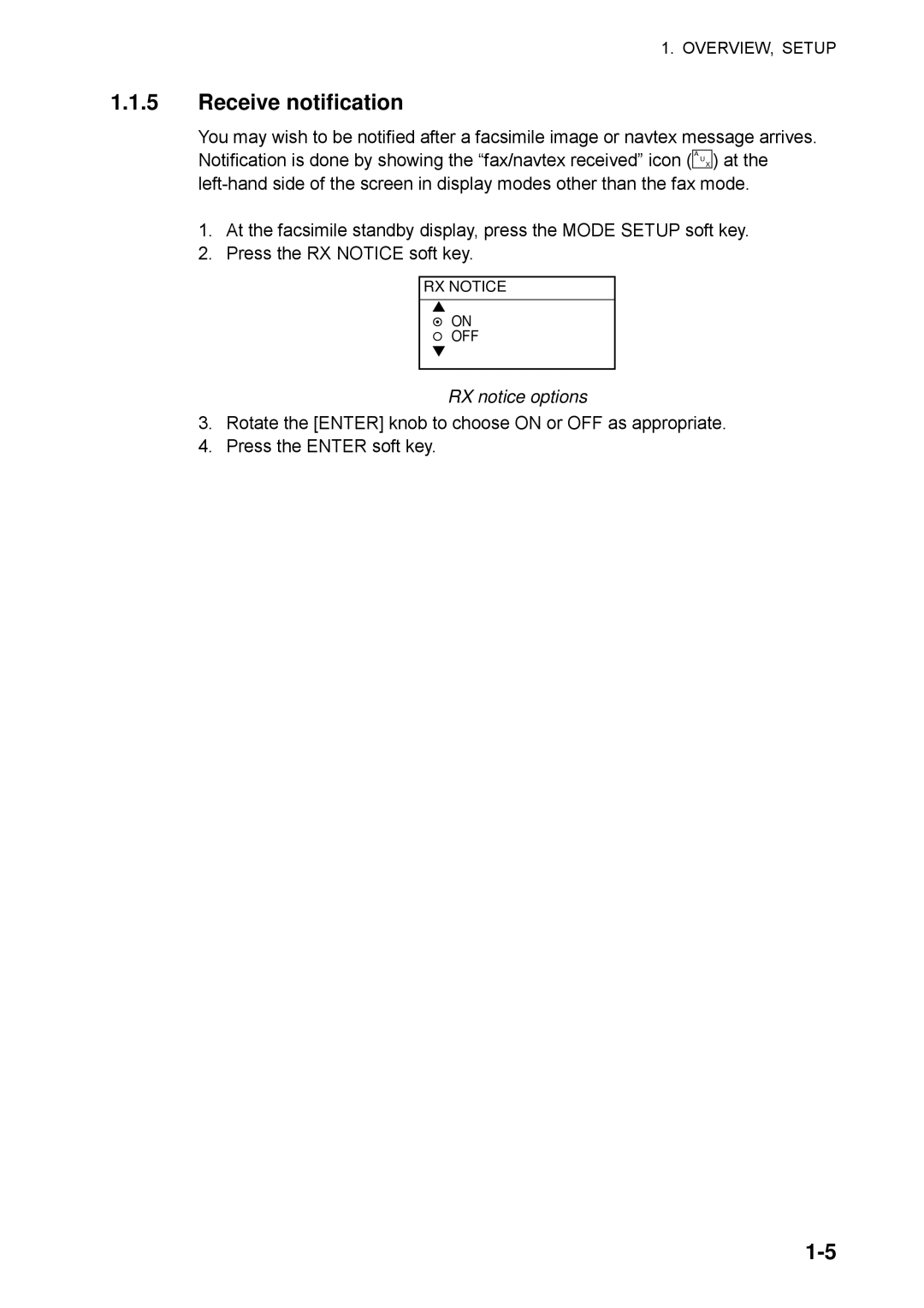 Furuno FAX-30 manual Receive notification, RX notice options 