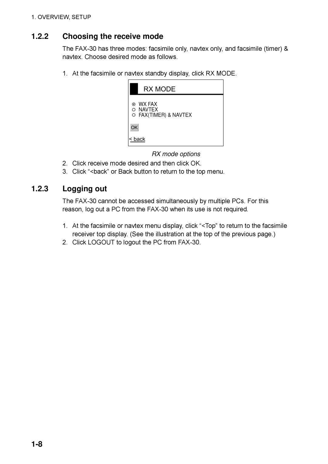 Furuno FAX-30 manual Logging out, RX Mode 