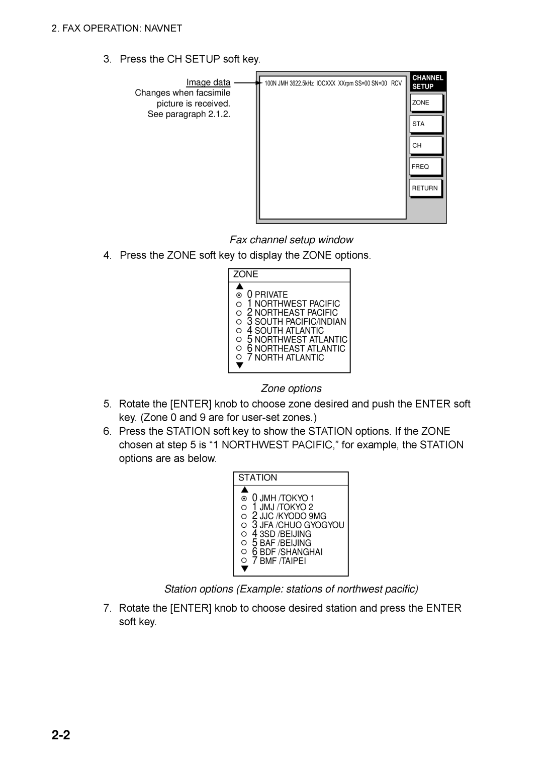 Furuno FAX-30 manual Fax channel setup window, Zone options, Station options Example stations of northwest pacific 